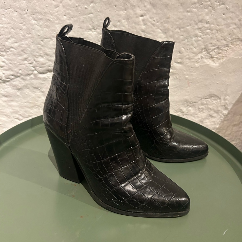 Black Croc-Embossed Ankle Boots